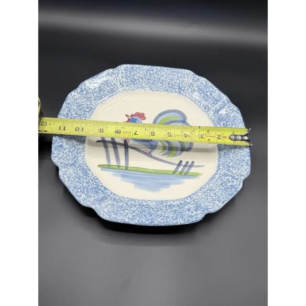 Vintage Rooster Chicken LA Pottery Blue Sponge Ware Dinner Plate Hand-painted